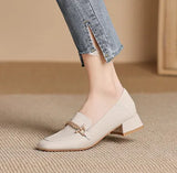 Luxury Metal Buckle Pumps Women Low High Heels Square Toe Shoes Ladies Solid Leather Mary Janes Femme Office Dress