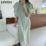 Women's Summer Dress VONDA 2022 Vintage Round Neck Plain Party Dress Loose Summer Shirts Dresses Femme Robe Casual