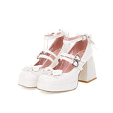 Women Mary Jane Chunky Block Heel Platform Pump Shoes Bute Bow Apeal Ankle Straps Square Toe Goth Heels Pu Leather Dress