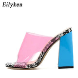 2022 Summer Square High Heels Mules Women Slippers PVC Transparent Slides Casual Slippers Shoes size