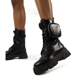 Autumn Winter Bootie Pocket Buckle Strap Pink Chunky Sole Pouch Ankle Boots Shiny Leather Patchwork Arrival Platform