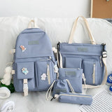 2022 NEW 5-piece set School backpack Canvas Korean Large capacity Women's backpack Kawaii cute doll school girl backpack