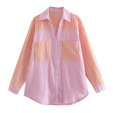 Fashion Patchwork Cotton 2 Piece Set Women Long Sleeve Pockets Shirt With High Waist Shorts Striped Print Holiday