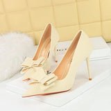 Breakj Korean Version Fashion Thin Heels, Silk, Shallow Pointed Bow Single High Heel Women's