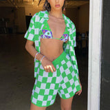 Casual Knit Lounge Wear Women Tracksuit Summer Shorts Set Green Plaid Shirt Tops And Mini Loose Shorts Two Piece