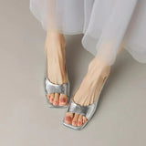 2024 Summer New Retro Fish Mouth Thick Heel Silver Soft Leather With Square Head And Flat Bottom Sandals For