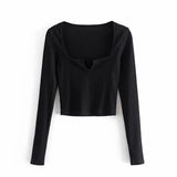New Spring Women Square Collar Black Knitting Short T Shirt Casual Femme Long Sleeve Slim Crop Tops
