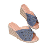 Breakj Hemp Rope Woven Edge Rivet Decorative Wedge Slippers Women Denim Large Size Wedge Slippers