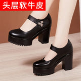 Cowhide Thick-Heeled High-Heeled Walking Shoes Waterproof Platform Thick-Soled Leather Shoes Cheongsam Show Model Training