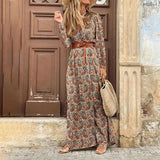 Autumn Fashion Women V Neck Print Long Dress Casual Irregular Long Sleeves Dress Elegant Bohemian Streetwear Party