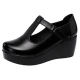 Leather, Soft Soles, Round Head Muffins, Thick Soles, Waterproof Table Shoes, Women's Large Size Anti-Skid Comfortable Middle-Aged Slope Heel Mother