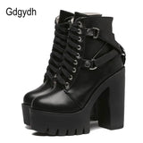 Fashion Black Boots Women Heel Spring Autumn Lace-up Soft Leather Platform Shoes Woman Party Ankle Boots High Heels