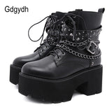 2021 Gothic Black Ankle Boots For Women Plus High Heel Female Shoes Lace-Up Nigh Club Black Sexy Rivets Chain Short