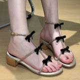 Rhinestone Roman Sandals Women Summer Shoes New Bow Thick Middle Heel Female Fashion Sandales Open Toe Ankle Buckle