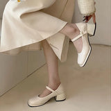 Retro Square-Headed Small Leather Shoes 2023 Spring And Summer New Pearl Buckle Single Shoes Fashion High-Heeled