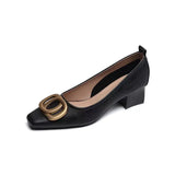 Breakj 2023 New Fashion Square Head Shallow Metal Buckle Thick Heel Single Shoe Medium Heel Women's