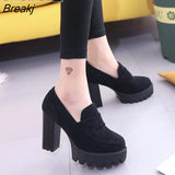Bottom 10CM Pumps Suede High Heels Round Head Waterproof Platform Black Single Shoes Woman's Spring Autumn Slip-On