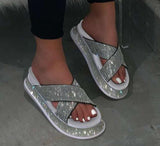 Trend Women Rhinestone Sandals Platform Wedge Mid Heel Thick Sole Outdoor Shiny Crystal Sexy Ladies Female 2021