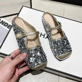 Semi-Slippers Women's 2024 Summer New French Sequins Temperament Square Head Soft-Soled Single Shoes Wear Sandals And