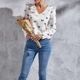 Spring Autumn Hot Deals Women Long Sleeve Tops Lady Fashion Slim Pullover Shirts Elegant V-neck Butterfly Pattern Chiffon