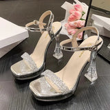 Breakj Temperament Crystal And Coarse Heel Sandals Women Ultra-High Heel Waterproof Counter Thick-Sing-Le-Soo Model Show