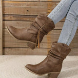 Breakj Mid-Clinity Fashion Boots Women Large-Size Retro Coarse And Folded Feet V Mouth Western
