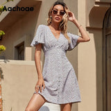 Summer Elegant A Line Dress V Neck Floral Print Mini Dress Flare Short Sleeve Button Party Dress Vestido De