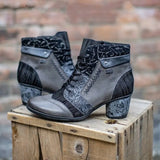 Martin Boots 2021 Autumn Retro Printing Black Boots Women Plus Size Heeled Ankle Boots Side Zipper Booties Botas De