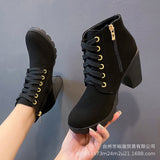 High Heel Single Boots Belt Buckle Women's Shoes Thick Heel Ankle Boots Round Head Martin Boots Women's Lace-Up Belt And Nude Boots Knight