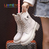 Motorcycle Boots Punk Gothic White Black Ankle Boots Female PU Leather Lace Up Combat Platform Shoes Ladies