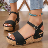 Rivet Wedge Platform Sandals Women Summer Rome Ankle Buckle Chunky Sandals Woman Wood Grain Sole Sandalias De Mujer