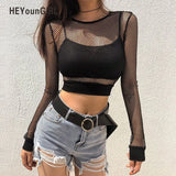 Sexy Mesh Crop Tops Tee Shirt Femme Hollow Out Black Tshirt Women See Trough Long Sleeve Streetwear Fishnet T