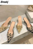 Glitter Slides Woman's Slippers String Bead Thin Heels Pointed Toe Heeled Mules Jelly 2023 Soft High Crystal Rubber