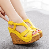 Breakj Cm Wood Grain Heel Slope And Fish Mouth Sandals Large-Size Slope And Water Table Hollow Sandals Female Quality