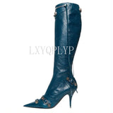 Fashion Luxury Pointed Toe Stiletto Women's Shoes Retro Metal Buckle Zipper Knee High Boots Slim Tassel Boots Women Size