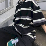 Short-sleeved T-shirt Women T Shirt Couple Japanese Simple Striped Half-sleeved Summer Korean Loose Student Black