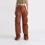 Australian Temperament High-Waisted Casual Leather Pants 2025 Summer New Fashion Design Style Interface Bag Loose Worker Pants