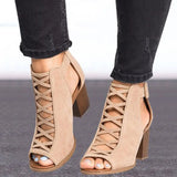 2020 Women Square Heel Sandals Peep Toe Hollow Out Chunky Gladiator Sandals With Strap Black Spring Summer Shoes