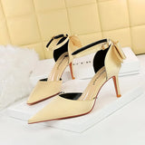 Breakj Korean Version Of Sweet Women's Shoes Fine Heel High Heel Shallow Mouth Pointed Silk Hollow Bow After A Word With
