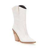 Classic Embroidered Western Cowboy Boots for Women Leather Cowgirl Boots High Heels Shoes Mid Calf Woman