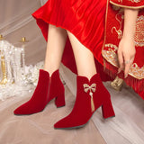 Breakj New Bow Water Diamond String Beads Wedding Shoes Korean Version Tassel Thick Heel Comfortable Bride Boots Wine Red Fashion