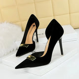 Breakj Banquet Ultra High Heel Shallow Pointed Tip Side Hollow West Shi Suede High Heel