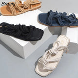 Wear Women Sandals Flat Slippers Hemp Rope Upper Design Women Casual Large Size 42 Square Toe Hollow Flat Heel Woman