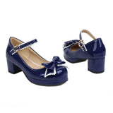 EDEELVEEYS Bow Mary Janes Patent Leather Block Med Heel Pumps for Women Rockabilly Shoes Lolita Fashion Vintages Maid