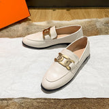 quality leather shoes metal chains flat women round toe mules spring autumn single moccasins female comfy slip on