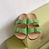 Summer Women's Two Buckle Cork Slippers Cow Suede Leather Flats Sandals For Women Retro Fashion Garden Mule Clog