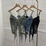 Real-Hand Shot Vintage Babes With Thaired Hairy Denim Sling Vest Short Umbilly Sleeveless Top