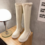 Women Thigh High Boots Winter Knee High Fur Boots Black White Flat Leather Boots Thick Plush Warm Botas Platform