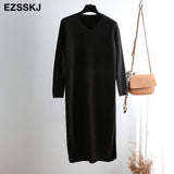 autumn winter sweater long dress elegant knit thick straight dress women loose split side dress casual chic