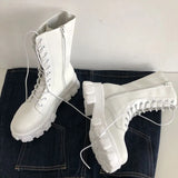 Mid-calf Boots Female Lace Up Chunky Heels Women's Platform Shoes 2021 Pu Leather Zipper Ladies Shoes Autumn
